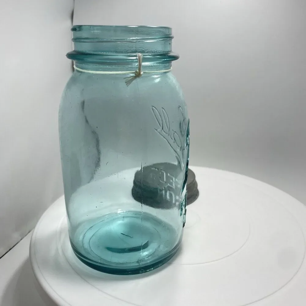 Vtg Ball Perfect Mason Green Glass Jar w Zinc Lid Wide Mouth Quart #1